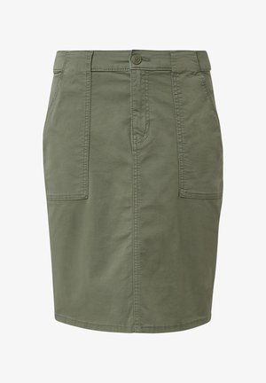 Olive green knee-length skirt made of cotton with a smooth texture. Features two side pockets, a button closure, and visible stitching details.