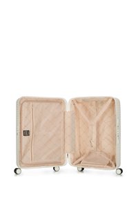 Harde koffer, witte buitenkant, afgeronde hoeken, interieur met lichtbeige stof met een gequilt patroon, een gaasvak en bevestigingsbanden.