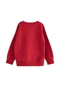 Sweatshirt en coton rouge avec un col rond, des épaules tombantes et des bords côtelés. Texture lisse, design simple et sans motifs.