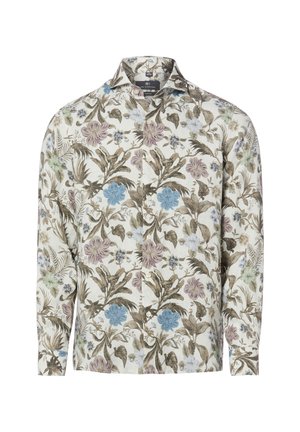 Koszula na guziki z długim rękawem w kwiatowy wzór w stonowanych odcieniach niebieskiego, fioletowego, zielonego i brązowego na białym tle.