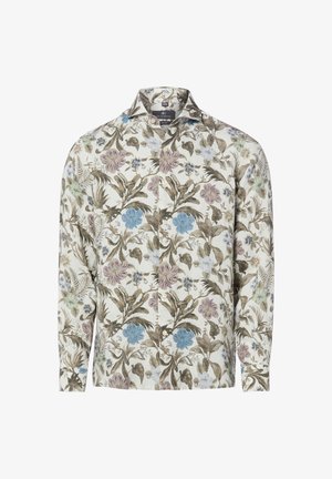 Langärmeliges Hemd mit Knopfleiste und floralem Muster in gedämpften Blau-, Lila-, Grün- und Brauntönen auf weißem Hintergrund.