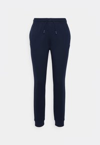 Marineblå joggebukser med elastisk midje, justerbar snor og ribbet mansjett. Glatt tekstur, tettsittende silhuett, minimal merkevaredetalj.