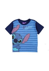 T-shirt en coton bleu avec des rayures horizontales, des manches courtes bleu marine et un graphisme représentant un personnage de dessin animé aux grandes oreilles et aux yeux expressifs.