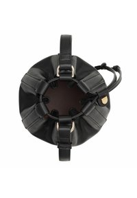 Borsa a secchiello in pelle nera di forma rotonda, con chiusura a coulisse e accenti in metallo dorato. Texture liscia con foderatura in tessuto.