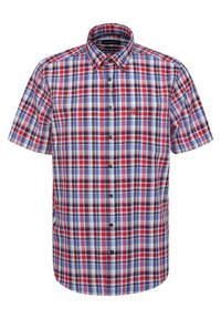 Kurzärmliges, knopfbares Hemd im karierten Muster in Rot, Blau und Weiß. Verfügt über eine Brusttasche und einen umklappbaren Kragen. Material aus Baumwollmischung.