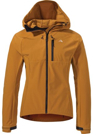 Orangene wasserdichte Jacke mit Kapuze, ausgestattet mit einem Frontreißverschluss, einer Brusttasche und verstellbaren Bündchen. Glatte Textur und ergonomische Passform.
