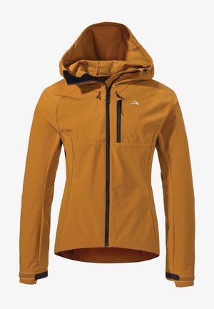 Orangene wasserdichte Jacke mit Kapuze, ausgestattet mit einem Frontreißverschluss, einer Brusttasche und verstellbaren Bündchen. Glatte Textur und ergonomische Passform.