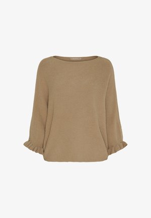 Blød beige sweater med bred rund halsudskæring og 3/4-lange ærmer afsluttet med delikate flæsekantede manchetter, vist på en hvid baggrund.