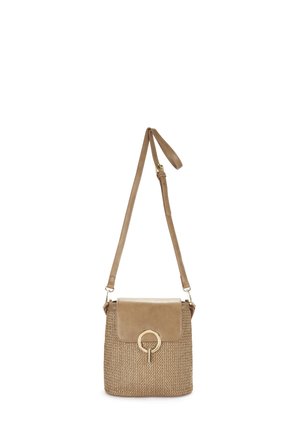 Tan crossbody bag with a woven texture and a smooth leather flap. Features a circular gold-tone hardware detail and adjustable strap.