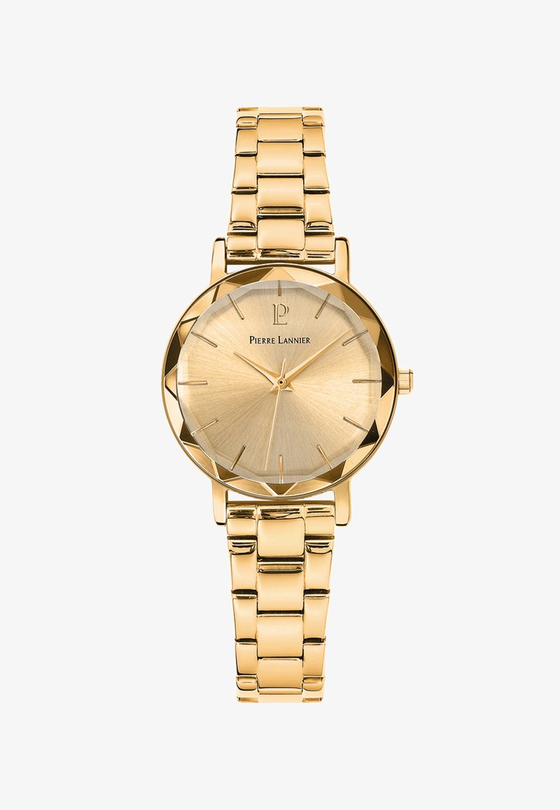 Zlatý náramkový hodinky s kulatým slunečním ciferníkem a hodinovými značkami. Propojený náramek má lesklý povrch a bezpečnou sponu.