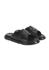 Zwarte slide sandalen met een kruisbandontwerp, gemaakt van glad synthetisch materiaal, met gevoerde zolen en een duurzame zwarte buitenzool.