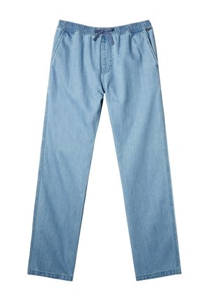 Light blue denim trousers with an elastic waistband, drawstring, and side pockets. Straight leg design, minimal stitching details.