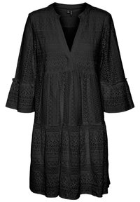 Robe noire jusqu'aux genoux avec motif en dentelle, manches évasées 3/4 avec liens, et décolleté en V.