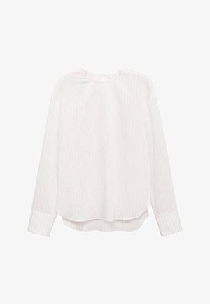 Bílá dlouhá rukávová košile s jemnými vertikálními pruhy, kulatým výstřihem, zaobleným lemem a manžetami na knoflíky. Vyrobena z lehkého materiálu.