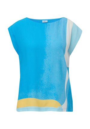 Krótki rękaw, niebieska i biała bluzka z abstrakcyjnymi wzorami. Gładki materiał, luźny krój i szeroki dekolt z żółtymi akcentami na dole.