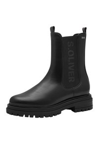 Bottines en cuir noir avec des panneaux élastiques sur les côtés et une semelle en caoutchouc texturé, portant le nom de la marque "S. OLIVER" embossé sur le côté.