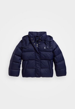 Navy blue puffer jacket with a high collar, snap and zipper closures, and two front pockets. Features quilted texture and logo embroidery.