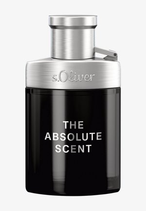 Flacon de parfum cylindrique noir avec un dessus argenté, étiqueté "THE ABSOLUTE SCENT" et "s.Oliver" sur le bouchon.