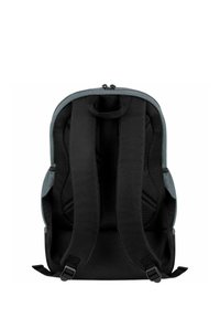 Sac à dos en tissu maille noir avec des bretelles rembourrées ergonomiques, bord supérieur gris et une boucle de suspension. Compartiment zippé plat en haut.