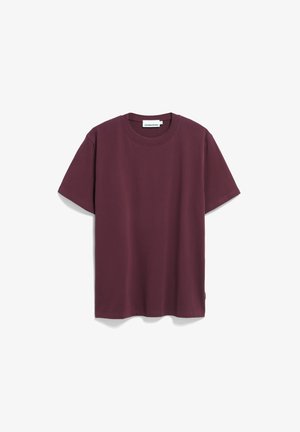 Bordeaux katoenen t-shirt met korte mouwen, ronde hals, ontspannen pasvorm en een minimalistisch ontwerp. Geen zichtbare patronen of accenten.