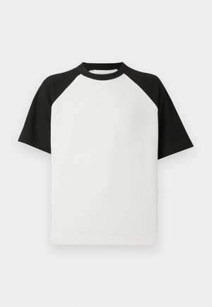 Black and white short-sleeve t-shirt with a ribbed texture; features raglan sleeves and a round neck.