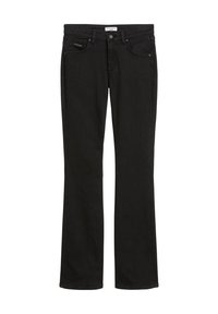 Melnas taisnas kājas džinsi ar priekšējiem un monētu kabatām, jostas cilpām un pogu aizdari, marķēti ar "Marc O'Polo Denim."