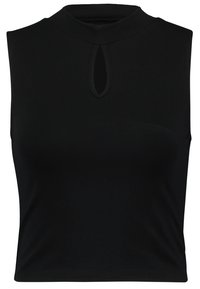 Top corto nero senza maniche con colletto alto e piccolo foro a forma di goccia al centro anteriore.
