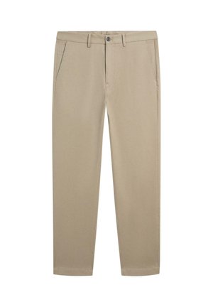 Pantaloni beige a gamba dritta con tasche frontali, passanti per cintura e chiusura con bottone in vita.