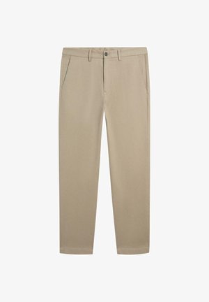 Pantaloni beige a gamba dritta con tasche frontali, passanti per cintura e chiusura con bottone in vita.