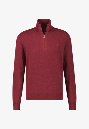 Bordeauxroter Pullover mit Viertel-Reißverschluss am Hals, langen Ärmeln und gerippten Bündchen. Glatte Textur mit kleinem Logo auf der Brust.
