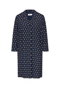 Granatowa luźna sukienka z rękawami do trzech czwartej długości, dekoltem w serek i równomiernie rozmieszczonymi pomarańczowymi kropkami na całej tkaninie.