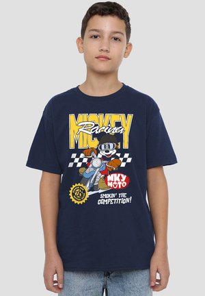 Navy blue cotton t-shirt featuring a cartoon graphic of a mouse in racing attire, with yellow and white text and checkered flag pattern accents.