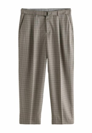 Tailored gray plaid trousers with front pleats, side pockets, and a matching belt with a metal D-ring buckle.
