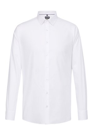 Camicia bianca a maniche lunghe in cotone, con colletto button-down, sette bottoni sul davanti e polsini singoli. Tessuto liscio.