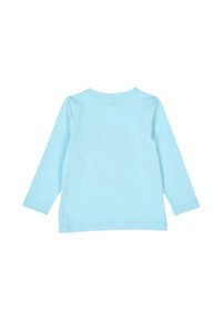 Camicia azzurra a maniche lunghe con scollatura rotonda. Tessuto morbido e design semplice, senza motivi o accenti visibili. Vista da dietro.