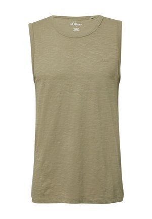 Ärmelloses olivgrünes Tanktop aus leichtem Stoff mit Rundhalsausschnitt und kleinem Logo auf der Brust. Glatte Textur, lässiges Design.
