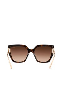 Lunettes de soleil carrées écaille avec verres marron dégradés et branches métalliques dorées avec détails texturés.