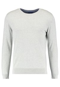 Hellgrauer Langarm-Pullover mit Rundhalsausschnitt und gerippten Bündchen. Hergestellt aus weichem Stoff, mit einem dunkelblauen Innenhalsausschnitt.