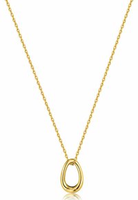 Collana d'oro con un pendente ovale. Il pendente ha una superficie liscia e lucida, e delicate maglie della catena. Design semplice e moderno.