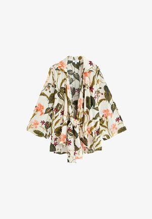 Kimono floral en blanc cassé, avec une ceinture à nouer, des manches 3/4 et des motifs botaniques vifs en rose et vert. Tissu léger, coupe décontractée.
