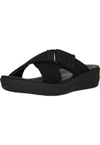Zwarte wedge-sandalen met een kruisbandontwerp, gemaakt van gestructureerde stof, met een gevoerd voetbed en een lage, ronde zool.