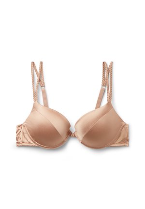 Hellrosa Satin-Push-up-BH mit vorgeformten Cups, verstellbaren geflochtenen Trägern und glatter Textur; verfügt über einen Haken- und Ösenverschluss am Rücken.