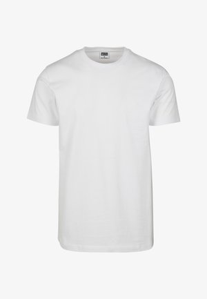 White cotton t-shirt with a crew neckline, short sleeves, and a relaxed fit. Tag reads "URBAN CLASSICS." Smooth texture, no patterns or accents.