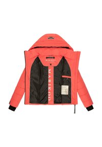 Coral padded jacket with a black inner lining, featuring a hood, zip closure, and logo details. Includes an interior pocket and care label.