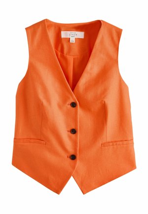 Vestă portocalie din in fără mâneci cu decolteu în V, trei nasturi negri și două buzunare frontale cu margine.