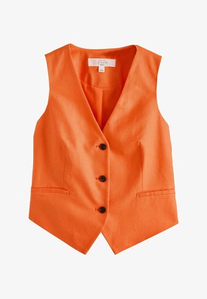 Narancssárga ujjatlan lenmellény V-nyakkivágással, három fekete gombbal és két első paszpólos zsebbel.