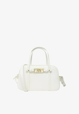 Witte gestructureerde handtas met dubbele handvatten, verstelbare schouderriem en goudkleurige AX-logo plaat aan de voorkant.