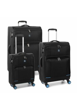 Three-piece black suitcase set made of durable fabric. Features durable zippers, multiple pockets, and blue accent wheels for easy mobility.