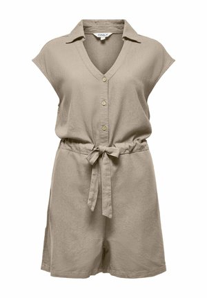 Combinaison beige à manches courtes avec col en V, boutons sur le devant, col et ceinture en tissu nouée à la taille.