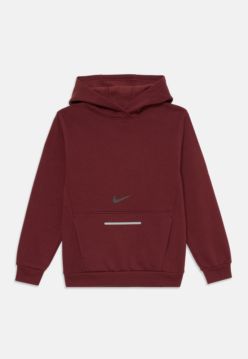Burgundi kapuutsärk, mis on valmistatud puuvilla segust, ees on tasku, nööriga kapuuts ja peegelhõbedane Nike logo ja aksent.